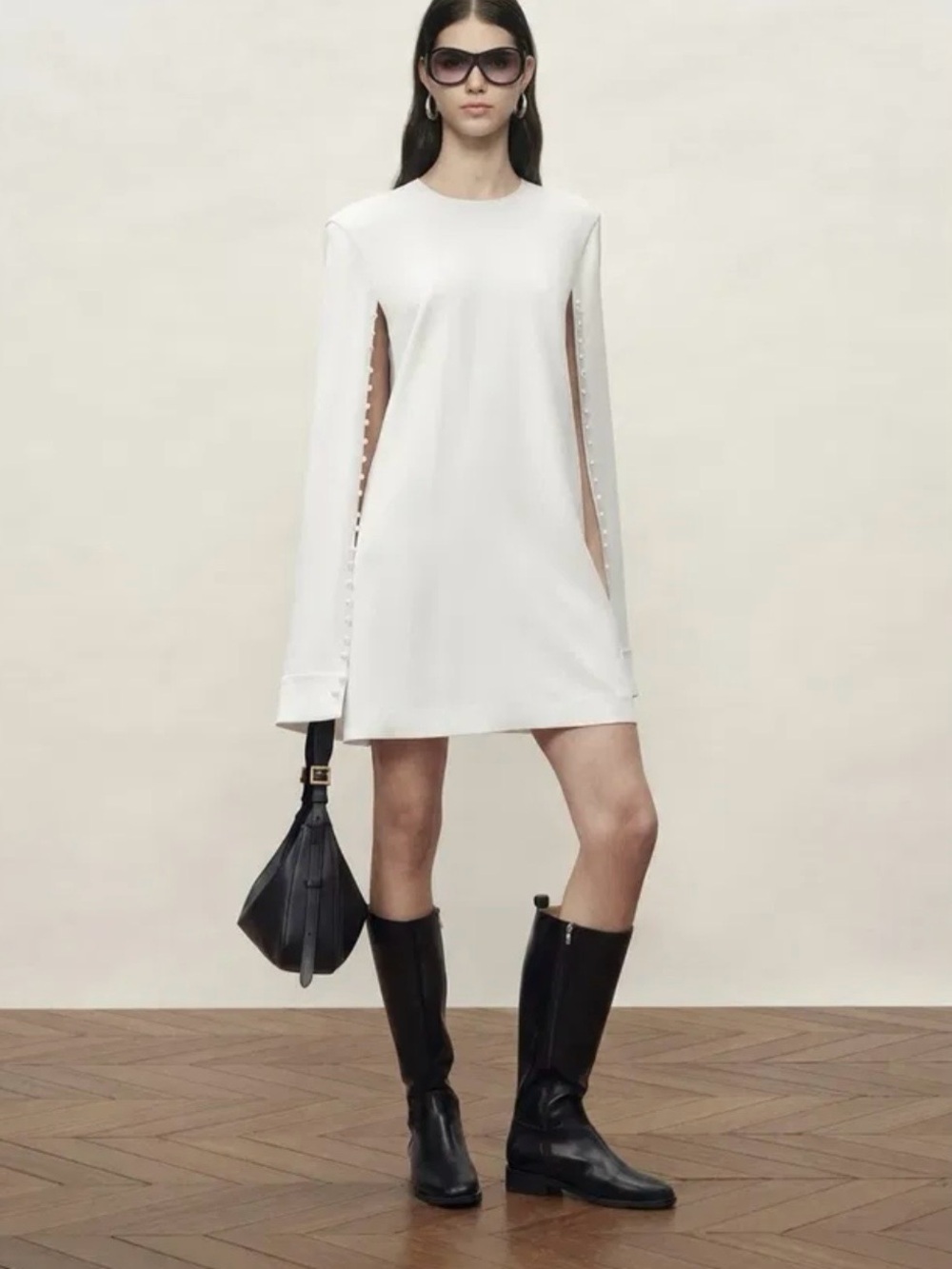 White Long-Sleeve Shift Dress with Side Button Detail